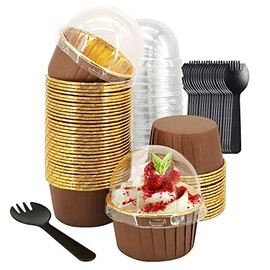 5.5 Oz Foil Cupcake Cups Muffin Tins 50 Pack,LNYZQUS Cupcake Liners With Dome Lids,Disposable Ramekins Pans Tins Cupcake Wrappers Holders,Large Muffin Liners Baking Cups-Brown in gold