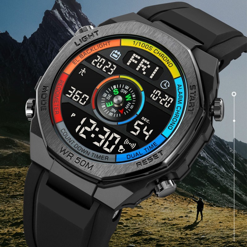 Outdoor Sports Electronic Watch Multifunctional Stylish Pedometer Compass Luminous Waterproof