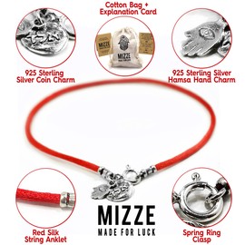 Red Protection & Positive Energy Anklet for Women on Silk String - Sterling Silver Coin Charm & Hamsa Hand Ankle Bracelet for Protection - 9.5" Length with Spring Ring Clasp