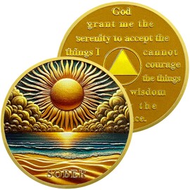 Golden Sun Beach Sobriety Coin | AA Chip Medallion with Serenity Prayer | Anniversary Token for Men & Women in Recovery | AA Sobriety Gifts Medallion for Month & Year Milestones