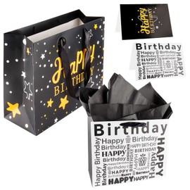 Zi Lan 2 Pcs 13" Large Black Happy Birthday Gift Bag with Tissue Paper for Men Women Large White Gift Bag Birthday Party Gifts Supplies