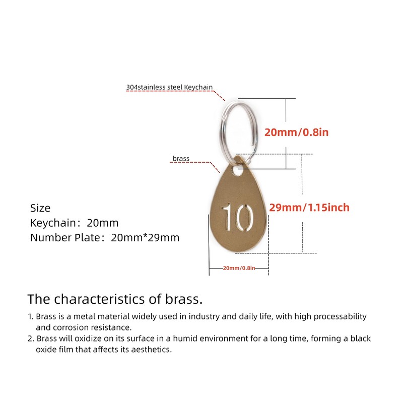NanTun Brass Droplet Shape Key Tags with Ring, Hollowed Number