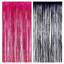 MORANTI 2 Pack 3 ft x 8 ft Metallic Tinsel Foil Fringe Curtains Party Backdrop for Birthday Party Photo Backdrop Decorations (Hot Pink, Black)