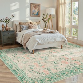 Rugxara Floral Boho Vintage Area Rug, 5x7 Ft, Sage Green, Machine Washable, Non-Slip, Low Pile Faux Wool Carpet for Living Room, Bedroom, Dining Room, Kids Room