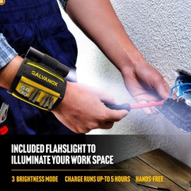 Galvanox Magnetic Wristband with Hands-Free Work Light (3-Mode) for Holding Screws Nails and Drill Bits, Durable Nylon with Powerful Magnets - Tool Gift for Men, Dad, Husband, Handyman (Yellow)