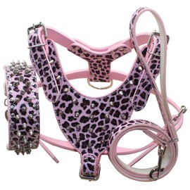 haoyueer Leather Spiked Studded Medium & Large Dog Collars, Harnesses & Leashes 3Pcs Matching Set for Pit Bull,Mastiff, Boxer, Bull Terrier(Pink Leopard,M)
