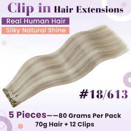 LaaVoo 22 Inch Clip in Human Hair Blonde Color Honey Blonde Highlights with Bleach Blonde Real Human Hair Extensions Silky Soft Long Straight Clip in Hair Extensions Double Weft 80g/5pcs