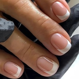 Press on Nails French Tip - 24Pcs Nude Stick on nails - Short False nails with Glue - Square Fake Nail for Women - 12 Sizes Long Lasting Glue on Nail Tips Reusable for DIY French Manicure