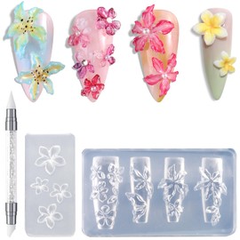 FSpronail Silicone Nail Molds, 2PCS Reusable Clear 3D Flowers Nail Art Molds with Carving Pen Cherry Blossom Plumeria Hibiscus Flower Nail Design Manicure Template DIY Charms Resin Craft Accessories