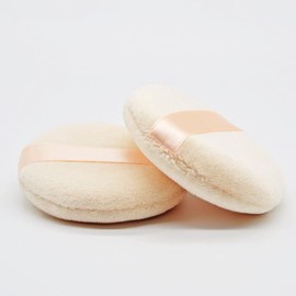 Loose Powder Puff 5 Pieces Round Soft Sponge Face Makeup Compact Body Container Setting Pressed Blending Foundation Cream Make Up Ribbon Strap Sponge Cushion Applicator (Beige)