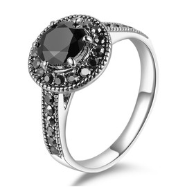 Mytys Retro Vintage Cocktail Statement Ring Black Marcasite Crystal Rings for Women Girls Antique Silver Big Black Onyx Stone Ring (9)