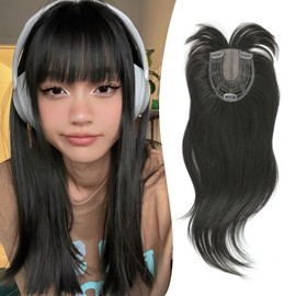 Peonymebeauty Clip in Fringe Hair Toppers for Thinning Hair, 4"X5" Base Topper with Bangs Long Layered 18 Inch Synthetic Fiber Wiglets Ladies Straight Hairpieces for Women(Dark Brown)