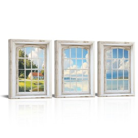 xiysien Window View Wall Art Blue Cloud Sky Wall Decor Nature Photography Realism Scenic Landscape Canvas Print Artwork for Living Room Bedroom Bathroom Office 12''x16''x3PCS