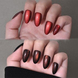 Cat Eye Press on Nails Short Almond - Dark Cherry Red Reddish Brown Shimmer Glossy Press on Nails Women Girls Gift, Soft Gel Press Glue On Nail with Nail Glue Full Cover Reusable Acrylic Fake Nail Kit