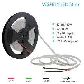 ALITOVE WS2811 Addressable RGB LED Strip Light 24V 32.8ft 600 LEDs Dream Color Programmable Digital LED Pixel Lights Rainbow Chasing Effect Light Waterproof IP67 White PCB for Arduino Raspberry Pi