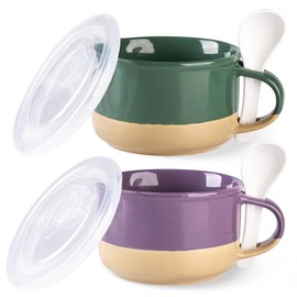 GBHOME Ceramic Soup Mugs with Handles and Lids,24 OZ Soup Cups Set of 2 with Terracotta Underside,Mug Bowls with Spoon for Soup/Cereal/Salad/Noodles/Ramen/Microware &Dishwasher Safe-Green&Purple