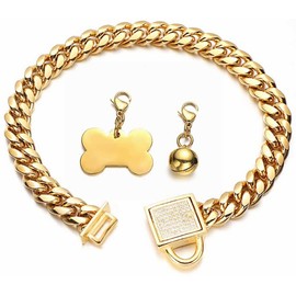 Aiyidi - Collar de cadena cubana de oro con hebilla de seguridad de circonita cúbica, etiqueta dorada para perro, campana dorada, cadena de acero inoxidable para entrenamiento de caminar, ancho 10 mm, longitud 25 - 66 cm