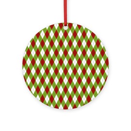 CafePress Cheery Christmas Green and Red Argyle Diamond Patt Round 4" MDF Holiday Ornament