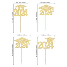Paquete de 24 tapas de graduación con purpurina dorada 2024, para decoración de tartas de graduación 2024, para decoración de pasteles de graduación 2024
