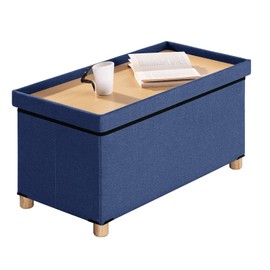 BRIAN & DANY 30” Folding Storage Ottoman Bench with Wooden Feet and Lid, Linen Fabric Bench with Resilient Sponge Padded for Bedroom, Living Room & Entryway, Foot Rest, Blue