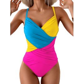 B2prity One Piece Swimsuit Tummy Control Criss Cross Bathing Suit Slimming Ruched Swim Suit Push Up V Neck Swimwear