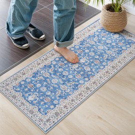 HAOCOO Floral Persian Carpet, Washable, Abrasion/Bacteria/Odor/Slip Resistant, Lightweight, Soundproofing, Indoor Rug, All Seasons, Rug Mat, Chenille, 17.7 x 47.2 inches (45 x 120 cm), Light Blue