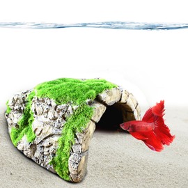 SunGrow Betta & Cichlid Fish Tank Aquarium Decoration Rocks Hideout Cave, 5.7" x 4.3", Axolotl & Frog Resin Hideaway Tank Decor Ornament with Moss, for Crab, Gecko, Snake, Ball Python to Breed & Rest