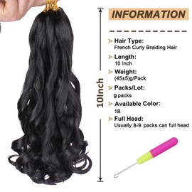 9 Packs French Curly Braiding Hair Pre Stretched Bouncy Loose Wavy Braiding Hair 10 Inch 40g/Pack French Curls Braiding Hair Synthetic Crochet Braids Hair For Box Braids Hair Extension For Women（10 Inch,1B#）