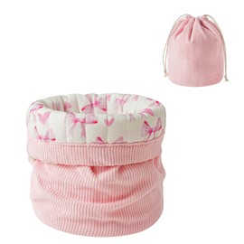 RSRSLEII Aesthetic Corduroy Drawstring Makeup Bag with Quilted Lining, Coquette Quilted Cotton Cosmetic Bag, Portable Travel Organized Toiletry Bag for Women Girls（01Pink Heart Bow）