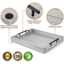 Berry Store Ottoman Tray with Handle for Living Room – Set of 4 Natural Wooden Coasters – Rustic Serving Tray for Coffee Table – Kitchen Decorative Tray with Handles (Light Grey)