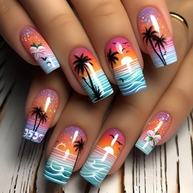 Summer Press on Nails Beach Palm Tree Sun Designs False Nails for Women Reusable Fake Nails Full Cover Artificial Stick on Nail Glossy Glue on Nail for Salon Manicure Decoration