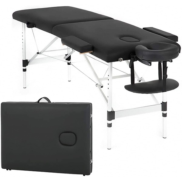 Portable Massage Table Professional Folding Massage Bed Aluminium Frame Adjustable Spa Bed w/Ergonomic Headrest and Carrying Case for Salon Therapy Tattoo Wax Lash Facial Treatment- Black