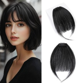 TESS 100% Real Human Hair Clip in Fringe Hairpiece Fashion Air Bangs Extensions for Women UK Daily Wear #01 Jet Black