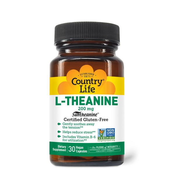 Country Life L-Theanine, 200mg Suntheanine L-Theanine, 30 Vegan Capsules, Certified Gluten Free, Certified Vegan, Certified Halal
