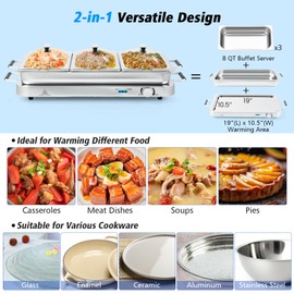 ARLIME Triple Buffet Server Food Warmer, 450W Stainless Steel Electric Warming Tray, Adjustable Temperature, Transparent Lids w/Spoon Slot, 8 QT Chafing Dish Set for Parties, Banquets, Catering