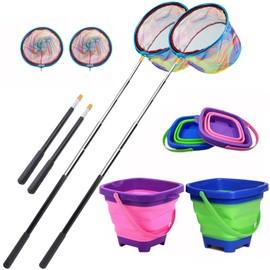 2PCS Fishing Net with Bucket Set, Collapsible Fishing Landing Net with Handle for Kids, Telescopic Kids Sand Bucket, Kids Fish Net for Freshwater Saltwater Outdoor Activities