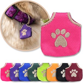 Woofhoof Dog Tag Cover, Pink Pawprint - Quiet Noisy Pet Tags - Fits Up to Four Pet IDs - Dog Tag Cover Protects Metal Pet IDs from Tarnish, Made of Durable Nylon, Universal Fit, Machine Washable