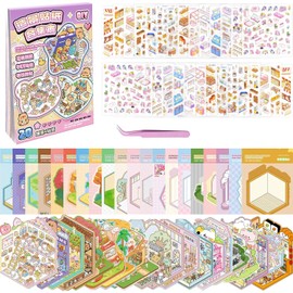 20 Sets DIY 3D House Sticker Scene Kit, Sticker Therapy, Stress Relief Sticker Scenes with 26 PET Stickers, 40 Miniature Cabins, 1 Tweezer, for Adults Kids Teens (20 Sets - 2.0)