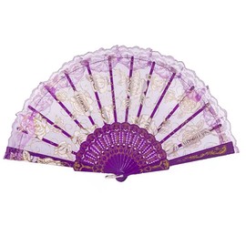 GIGGSKZE Lace Folding Fan Handheld Chinese Hand Fans Women Foldable Fan with Gold-Plated Rose Pattern for Party Wedding Church Dancing (1, Purple)