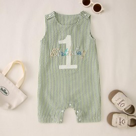 Baby Bodysuit for Boys 1st Birthday Jumpsuit Newborn Romper Sleeveless Overalls Embroidery Baby Clothes Summer Baby Bodysuit with Buttons Toddler Crew Neck Bodysuits, Green stripes