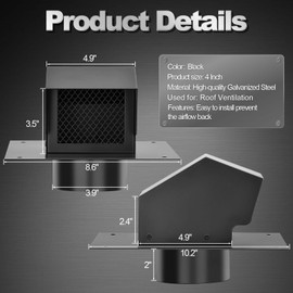 Trivd Frol 4 Inch Roof Vent Cap, Heavy Duty Galvanized Steel Removable Roof Exhaust Vents for Houses, Home Ventilation System with Damper, Black