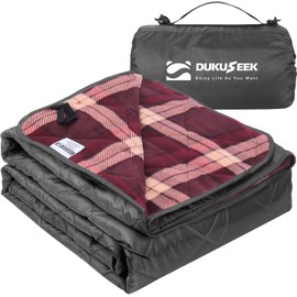 DUKUSEEK Large Outdoor Waterproof Blanket, Warm Fleece Blanket with Hood Windproof for Cold Weather, Camping Stadium, Beaches, Picnics, Dogs, Car (Dark Red Plaid)