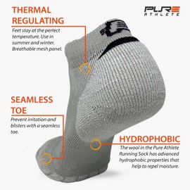 Pure Athlete Merino Wool Socks - Low Show Cushioned Athletic Padded Running Sock (3 Pairs - Light Grey, X-Large)