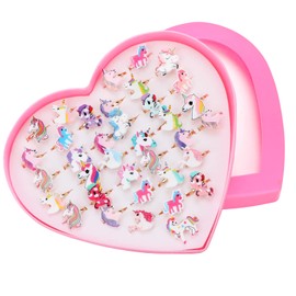 HOWAF 36pcs Unicorn Party Supplies, Little Girls Adjustable Rings Princess Dress Up Decoration Play Jewelry Rings in Box for Children Kids Party Bag Fillers Unicorn Gift Girls