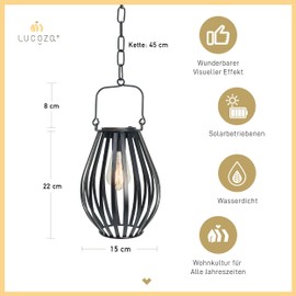 LUCOZA Solar Lantern for Outdoor Hanging, Waterproof Solar Lamp Made of Metal with Chain and Hook, Decorative Oval Garden Light, Large Solar Light for Garden, Balcony, Patio, Outdoor, Black (L)