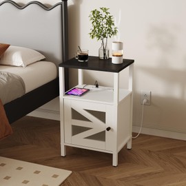 MAHANCRIS Farmhouse Nightstand with Charging Station, White Bedside Table with USB&Type-C Ports and Outlets, End Table with Storage, Acrylic Door, for Bedroom, White and Black ETBW97E01