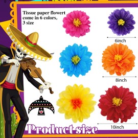 90 Pcs Mexican Paper Flowers Colorful Fiesta Tissue Paper Flowers Pom Poms Mexican Carnival Paper Flowers for Floral Party Backdrop Wedding Birthday Party Craft, 6" 8" 10"