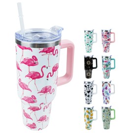 40 oz Tumbler with Handle and Straw, Stainless Steel Insulated Cup with Leak Proof Lid and Straw Lid, Keep Drinks Cold and Hot for Hours(Flamingo)