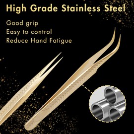 Miuffue Straight and Curved Pointed Tweezers for Eyelash Extension, 2 PCS Lash Tweezer Set, Stainless Steel Professional Eyelash Extension Tweezers for Volume, Isolation and Classic Lashes