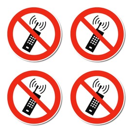 No Mobile Phones Switched In, Prohibition Sign: P013 - DIN EN ISO 7010 / ASR A1.3 - Sticker: Diameter 7.5 cm, Pack of 4